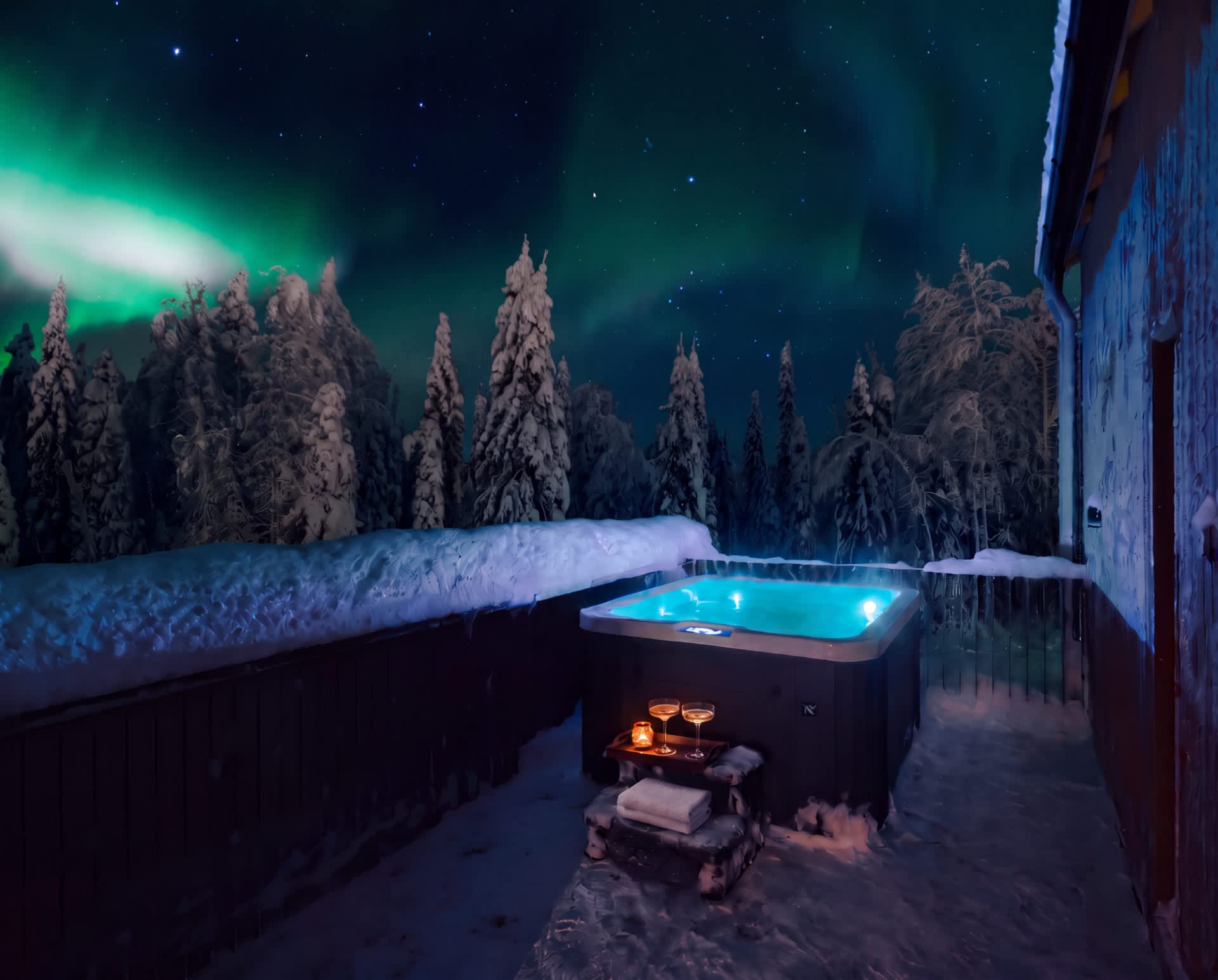 Private outdoor hot tub beneath the Northern Lights in Finnish Lapland